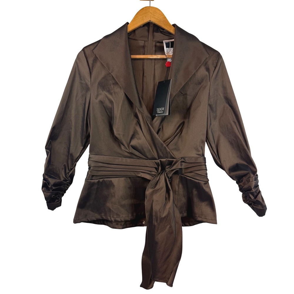 NWT Vintage Tadashi Taffeta Blouse Brown Wrap Ruched 12 Deadstock 90s Y2K Glam